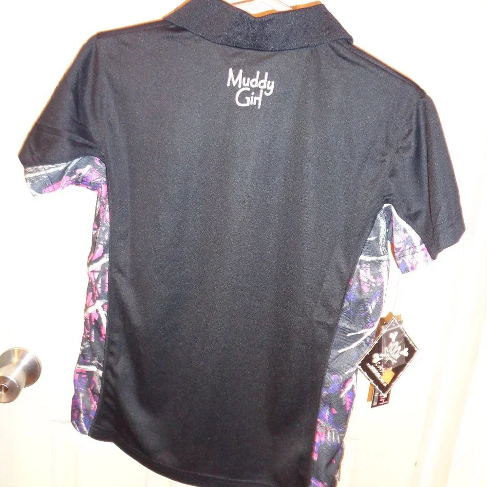 women's size small black polo shirt with pink camo on sides "Muddy Girl" nwt - Picture 3 of 3